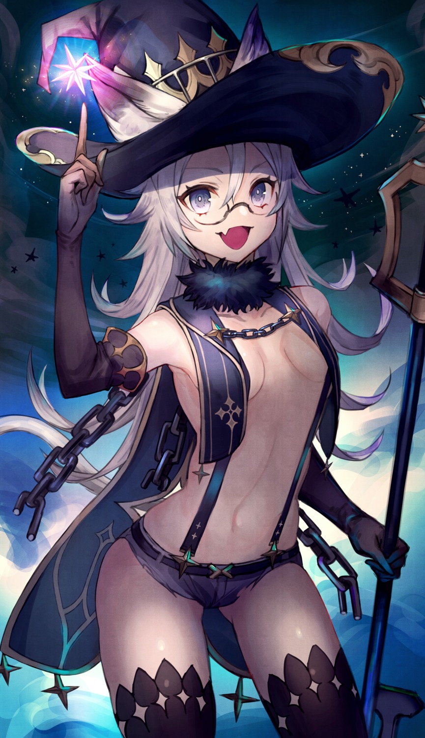 amahara_subaru animal_ears megane no_bra tail thighhighs torn_clothes weapon wet witch