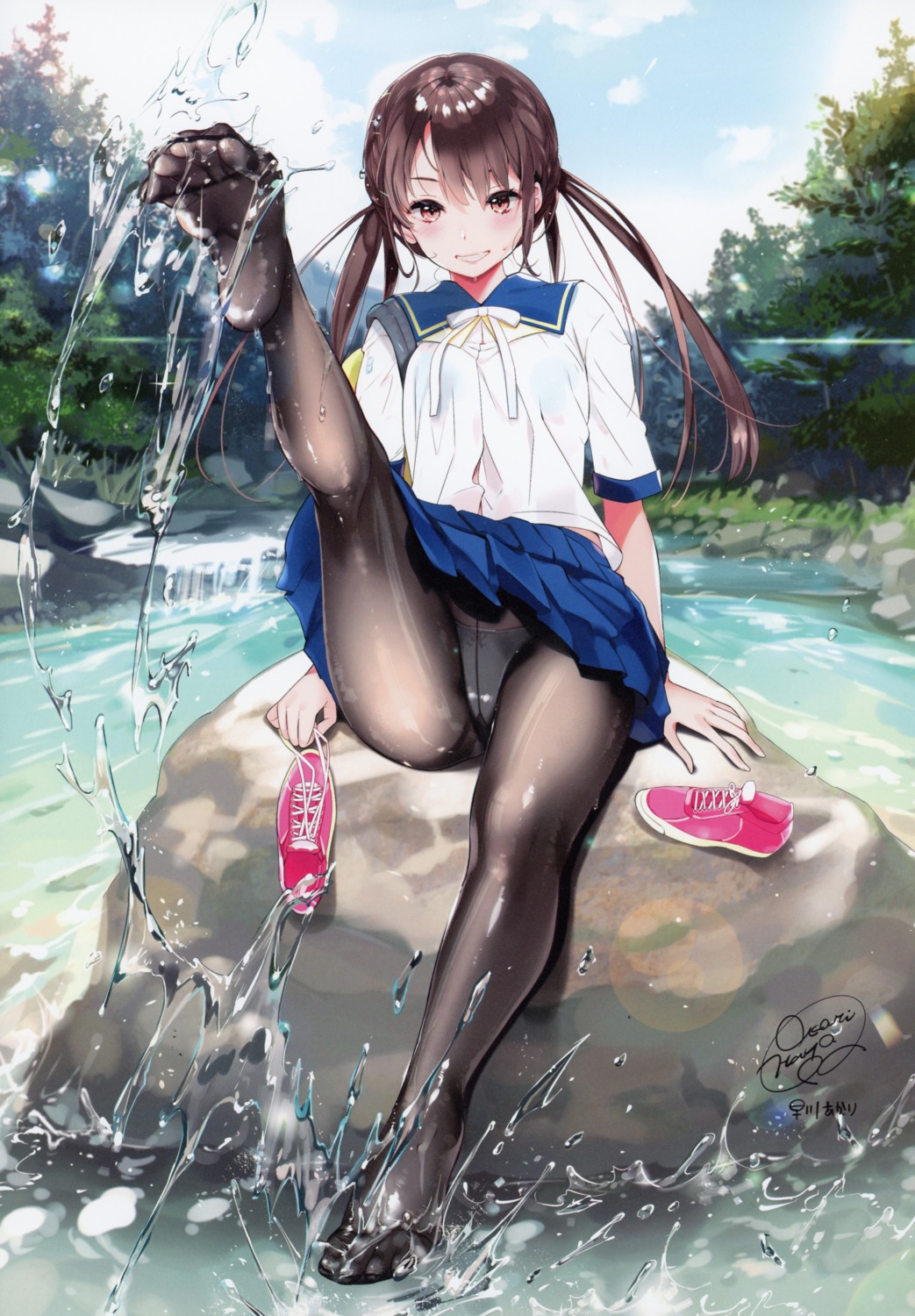 bra feet hayakawa_akari pantsu pantyhose screening see_through seifuku skirt_lift wet wet_clothes