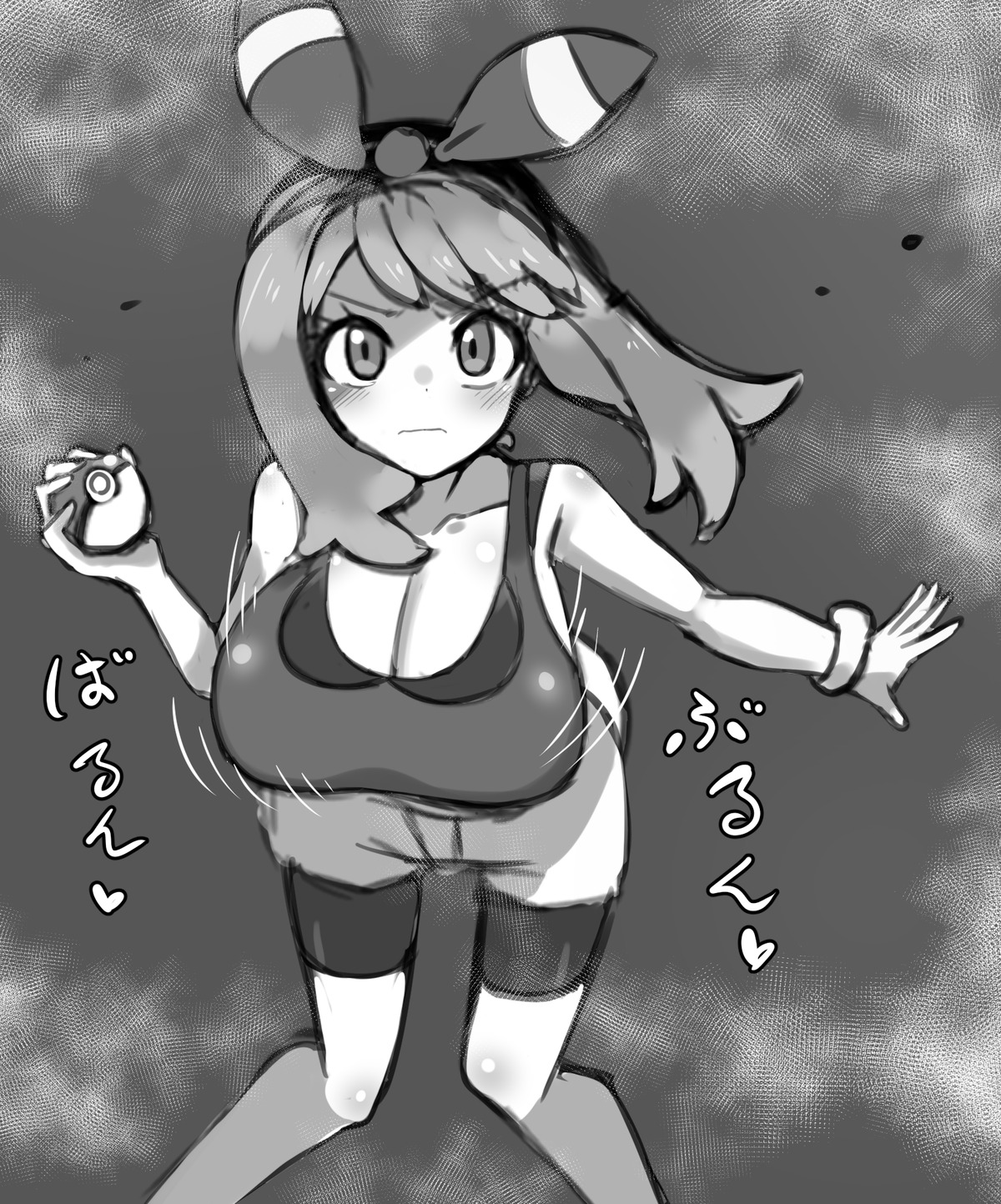 bike_shorts breasts cleavage haruka_(pokemon) meta-tron monochrome pokemon pokemon_oras pokemon_rse sketch thighhighs