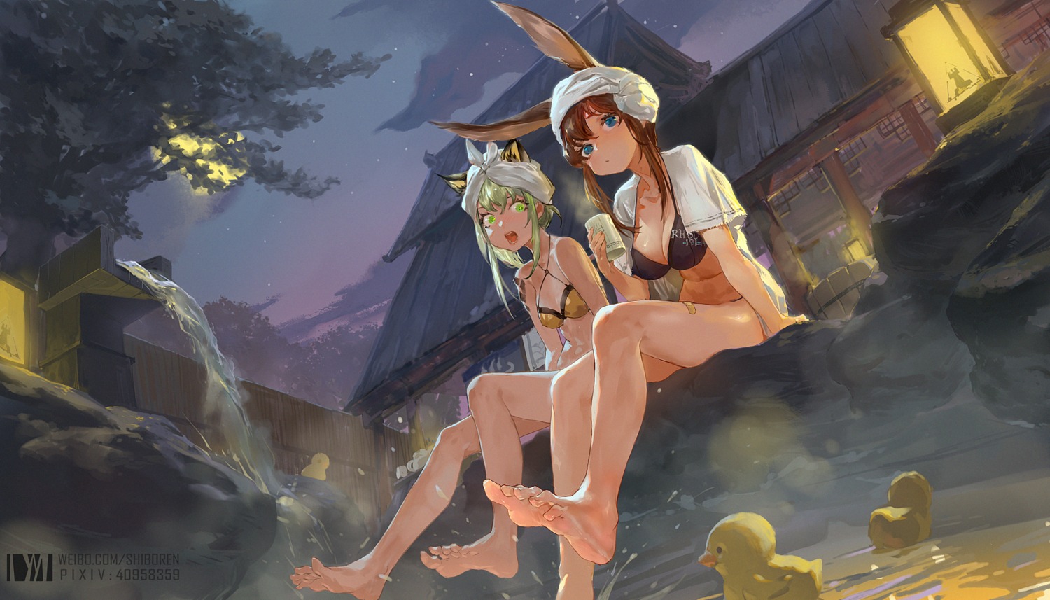 amiya_(arknights) animal_ears arknights bandaid bikini bunny_ears dm_(dai_miao) feet kal'tsit_(arknights) onsen swimsuits