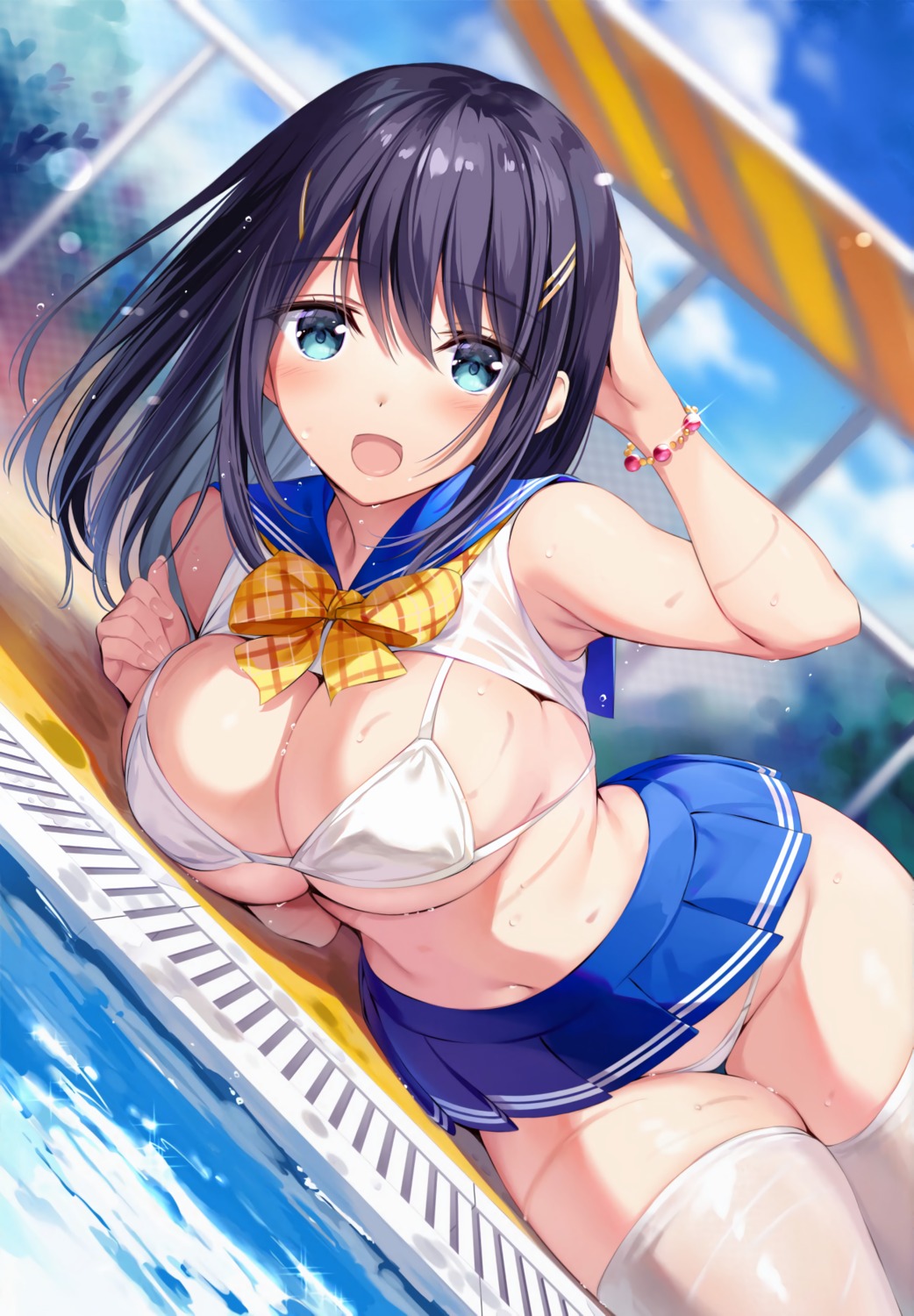 bikini detexted oryou see_through seifuku shirt_lift skirt_lift swimsuits thighhighs wet wet_clothes