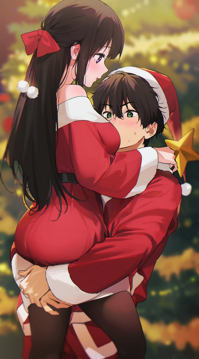 ass chitanda_eru christmas dress hyouka mery_(yangmalgage) oreki_houtarou pantyhose