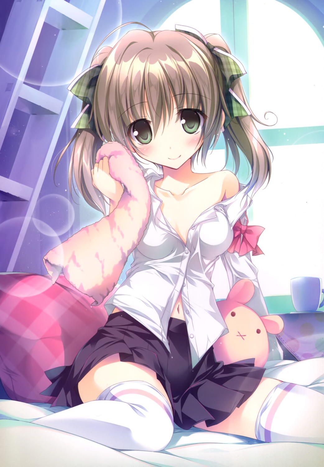 karory lashinbang no_bra open_shirt renren seifuku skirt_lift thighhighs towel