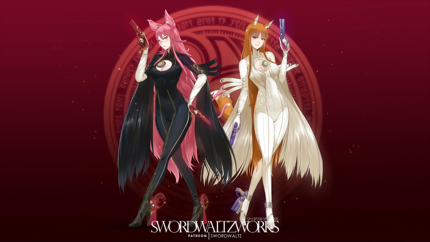 animal_ears bayonetta bayonetta_(character) blazblue bodysuit cosplay gun heels holo kokonoe megane nekomimi spice_and_wolf swordwaltz tail