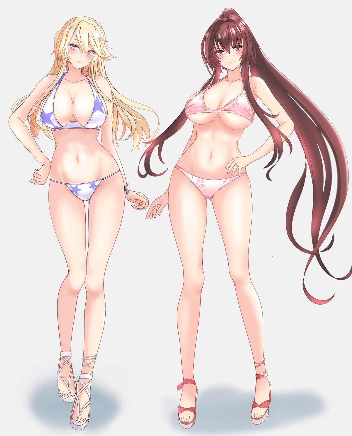 bikini heels iowa_(kancolle) kantai_collection nitamako_(sakamalh) swimsuits yamato_(kancolle)