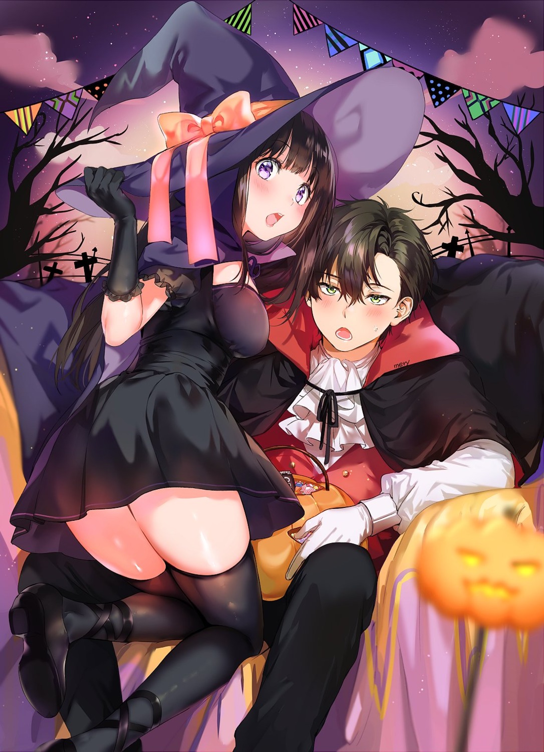 chitanda_eru dress halloween heels hyouka mery_(yangmalgage) oreki_houtarou thighhighs witch