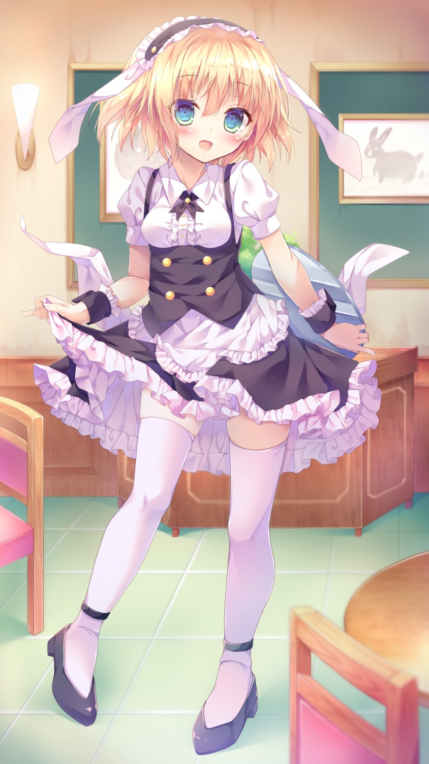 gochuumon_wa_usagi_desu_ka? kinokomushi kirima_sharo maid skirt_lift thighhighs waitress