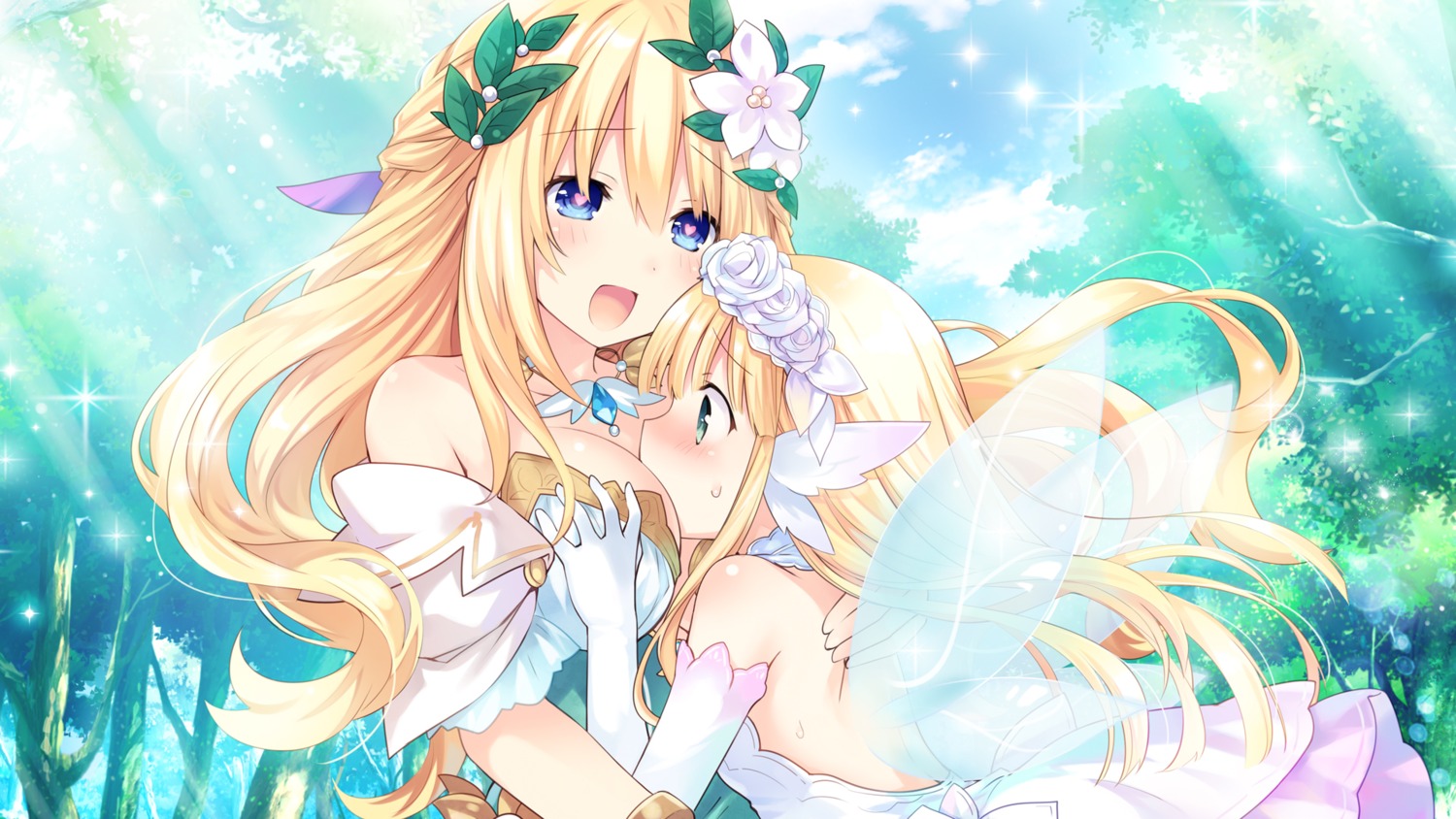 bouquet_(choujigen_game_neptune) breast_hold choujigen_game_neptune dress game_cg tsunako vert wings yuri