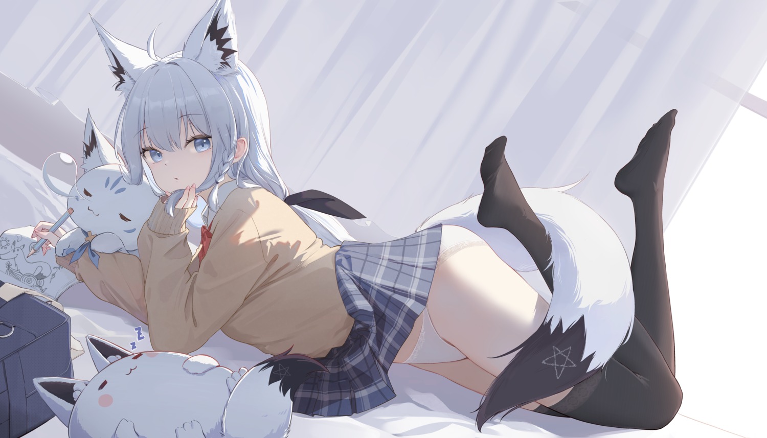 animal_ears hololive hololive_gamers kitsune miaohik pantsu seifuku shirakami_fubuki skirt_lift sweater tail thighhighs