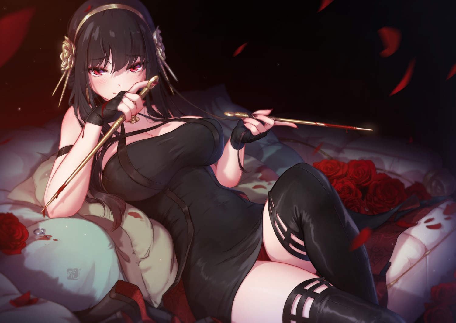 blood cleavage dress mitsu_(mitsu_art) pantsu skirt_lift spy_x_family thighhighs weapon yor_briar