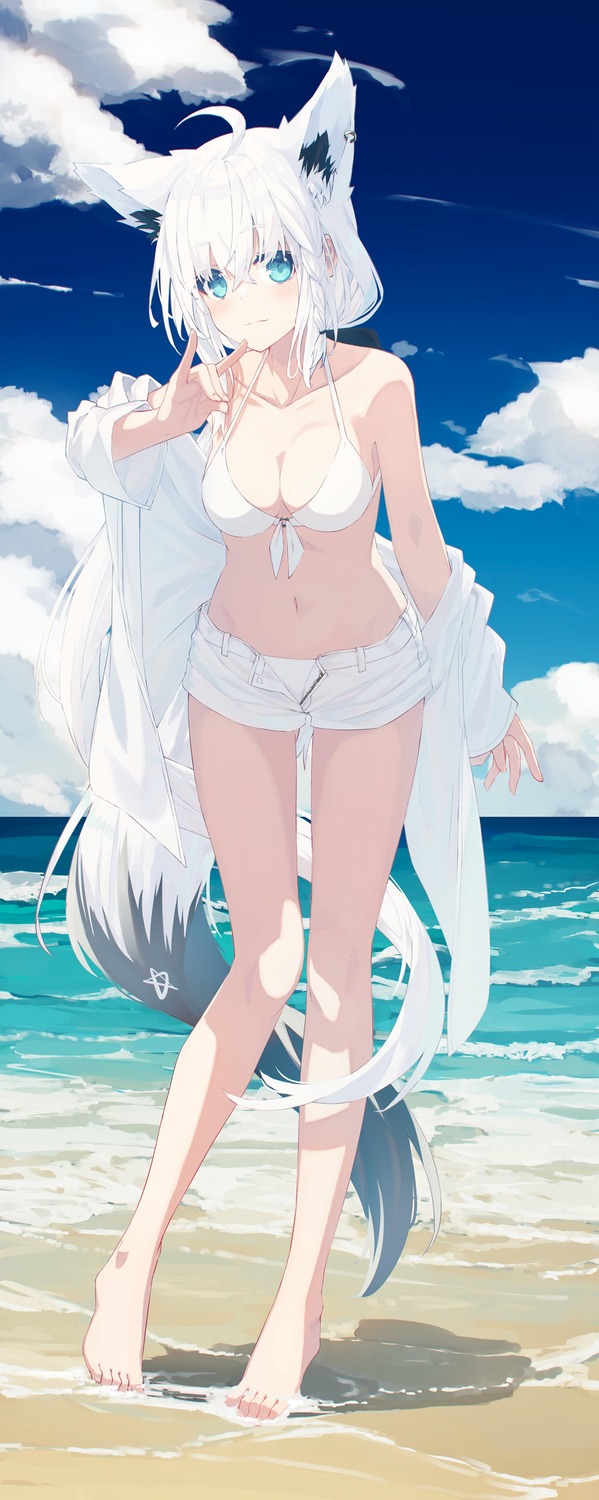 animal_ears bikini hololive hololive_gamers kitsune nagishiro_mito open_shirt shirakami_fubuki swimsuits tail