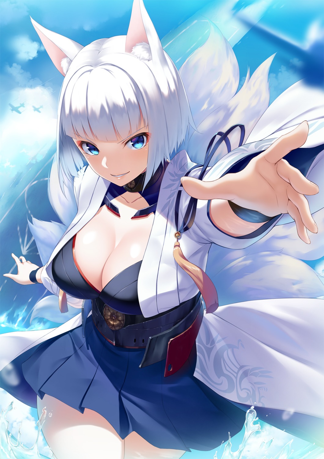 animal_ears azur_lane cleavage japanese_clothes kaga_(azur_lane) kitsune koikeya tail wet