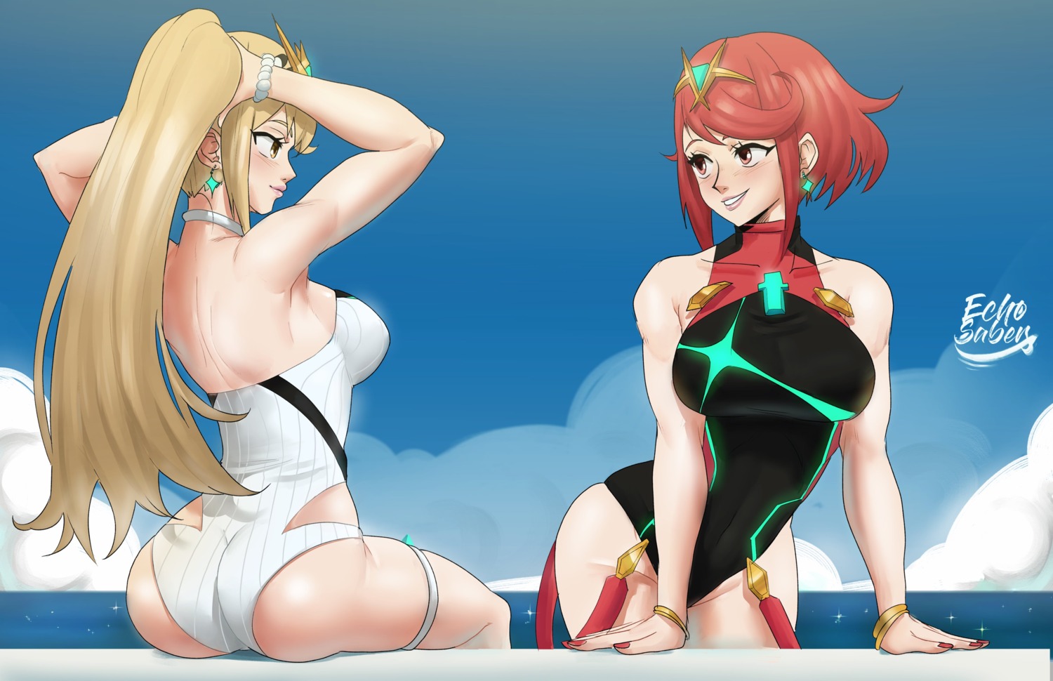 ass echo_saber garter hikari_(xenoblade_2) homura_(xenoblade_2) swimsuits xenoblade xenoblade_chronicles_2