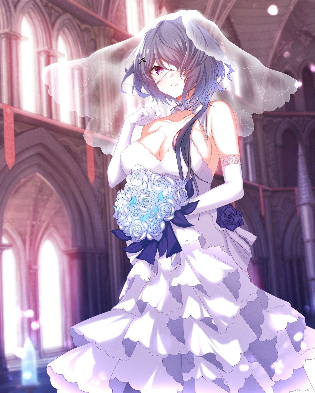 arknights cleavage dress eyepatch no_bra wedding_dress whisperain_(arknights) wing228