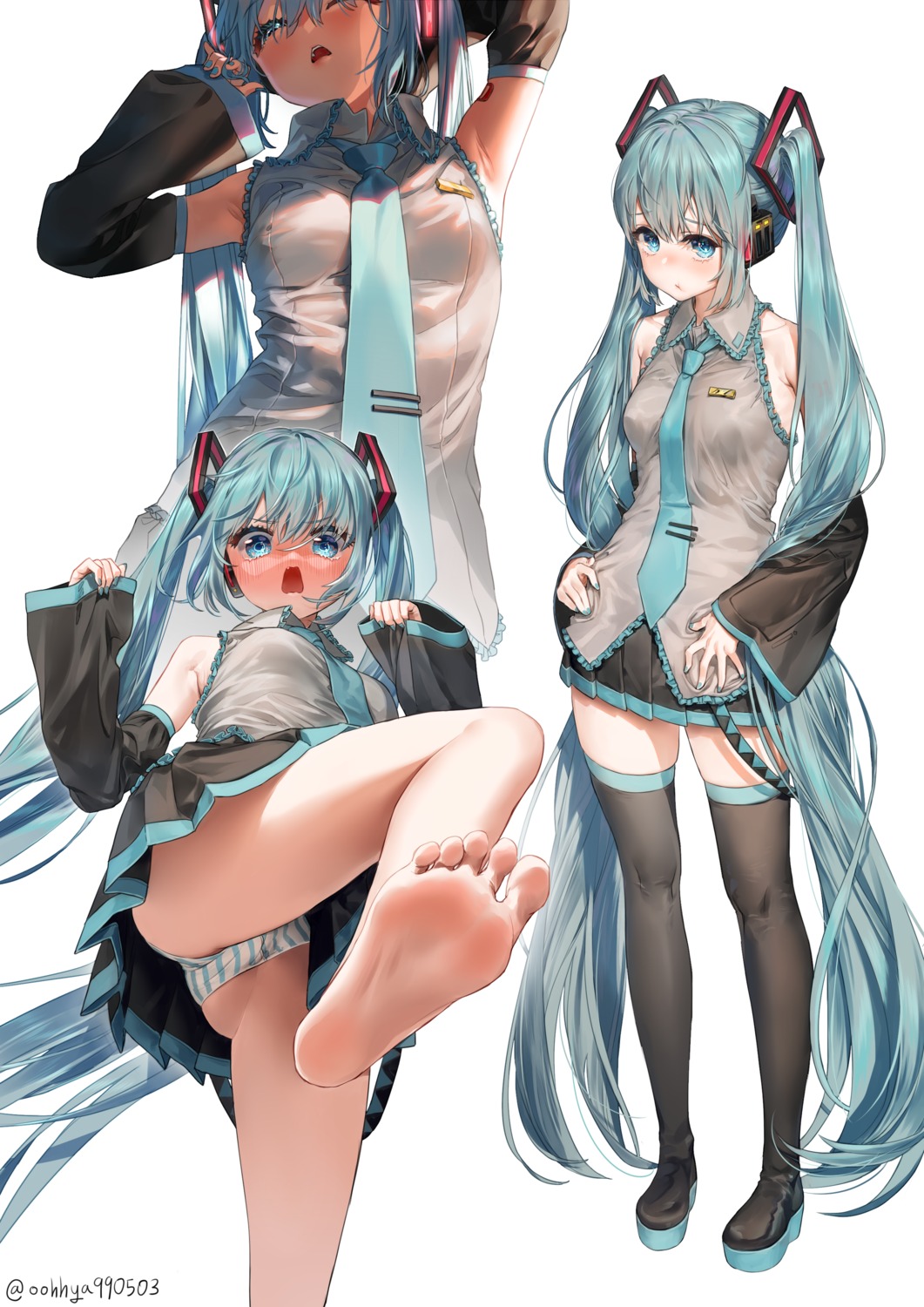 feet hatsune_miku headphones oohhya pantsu shimapan skirt_lift tattoo thighhighs vocaloid