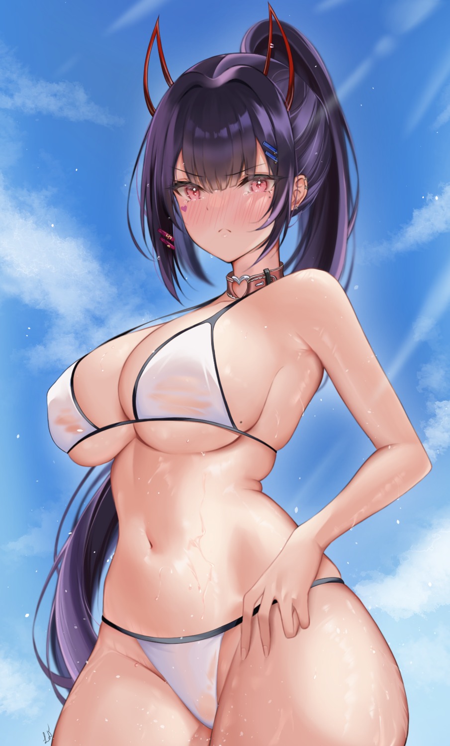 akuma_nihmune bikini horns indie_virtual_youtuber leon_decarabia see_through swimsuits thong wet_clothes