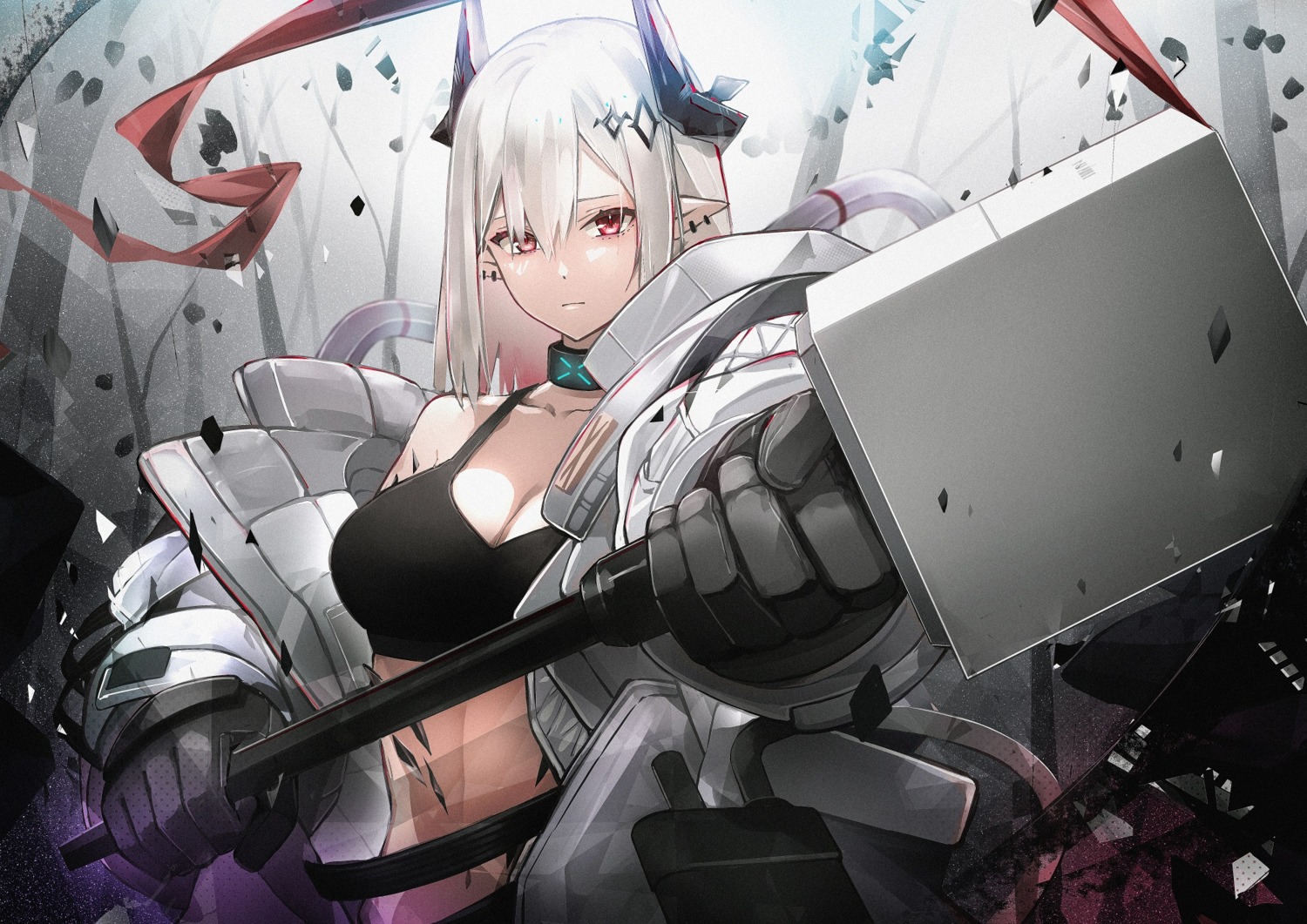 arknights cleavage cno horns mudrock_(arknights) pointy_ears weapon