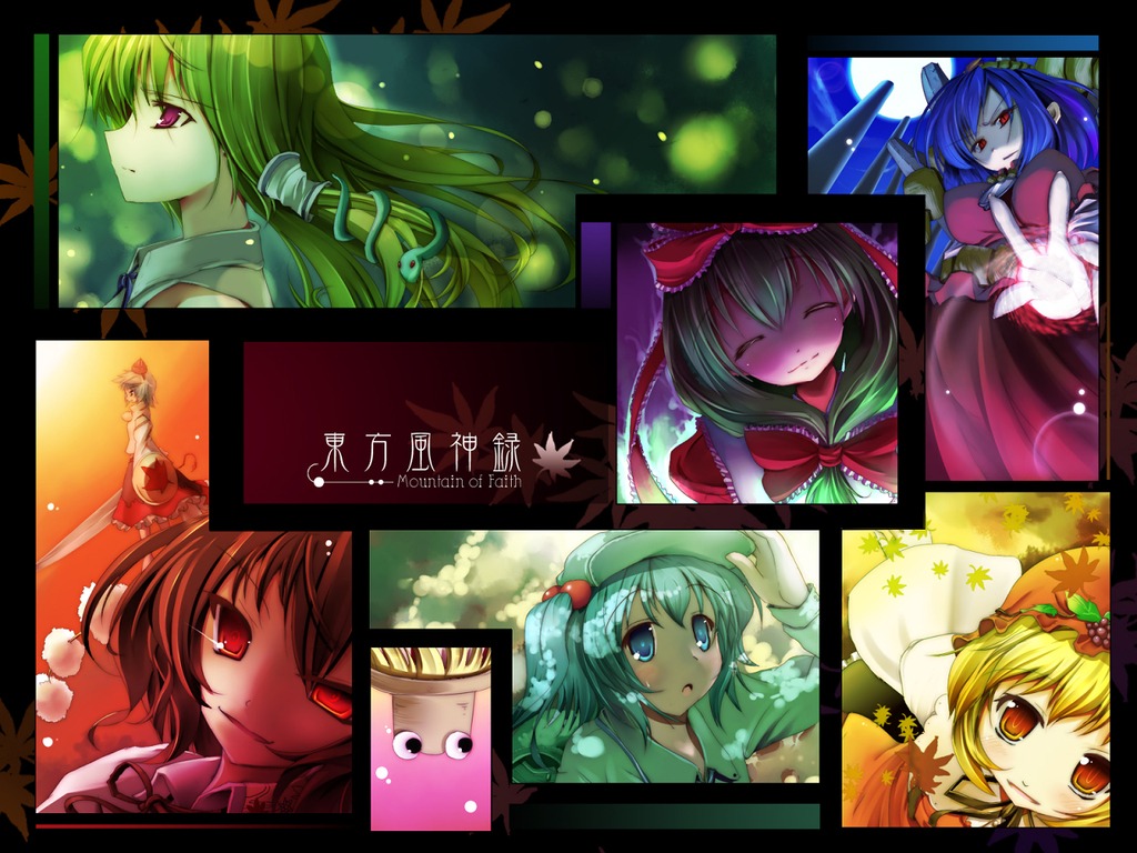 aki_minoriko inubashiri_momiji kagiyama_hina kawashiro_nitori kochiya_sanae moriya_suwako scarlet_(studioscr) shameimaru_aya touhou wallpaper yasaka_kanako