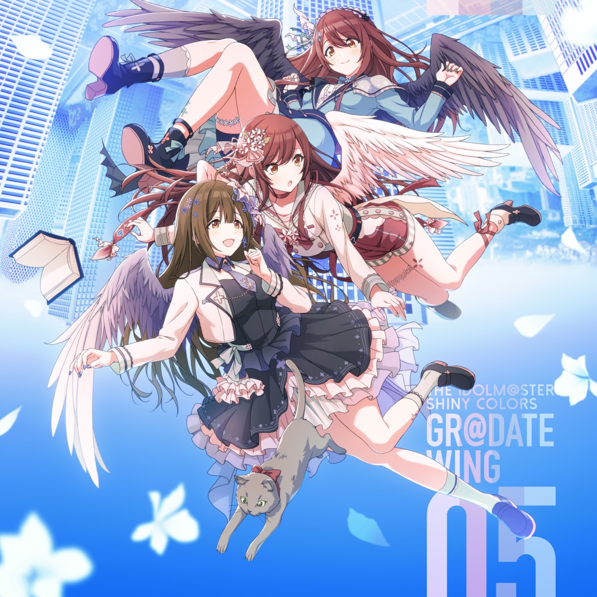 disc_cover garter heels im@ssc_kaihatsu_team kuwayama_chiyuki neko oosaki_amana oosaki_tenka skirt_lift the_idolm@ster the_idolm@ster_shiny_colors uniform wings