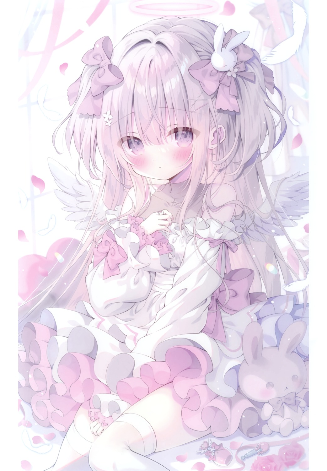 angel dress kamishiro_piyo no_bra piyomew see_through skirt_lift thighhighs wings