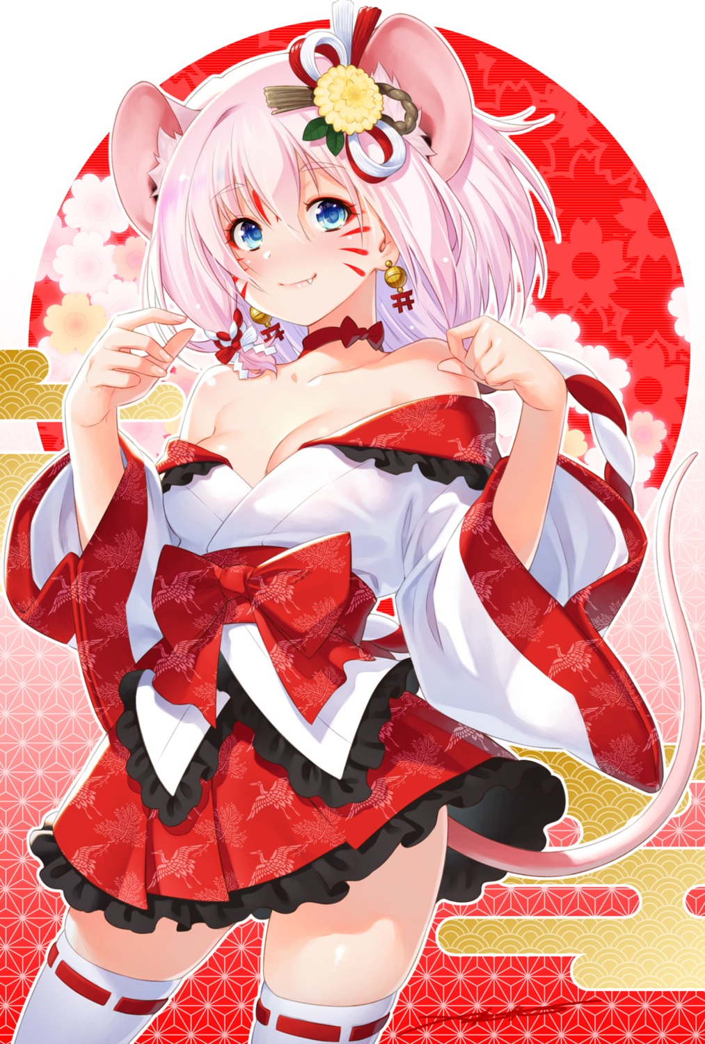 animal_ears cleavage japanese_clothes kazuma_muramasa no_bra open_shirt tail thighhighs