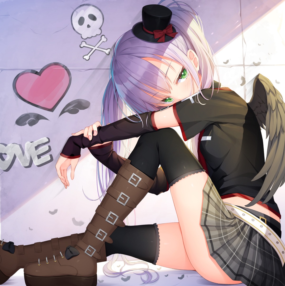 shinigami_(tukiyomiikuto) skirt_lift thighhighs wings