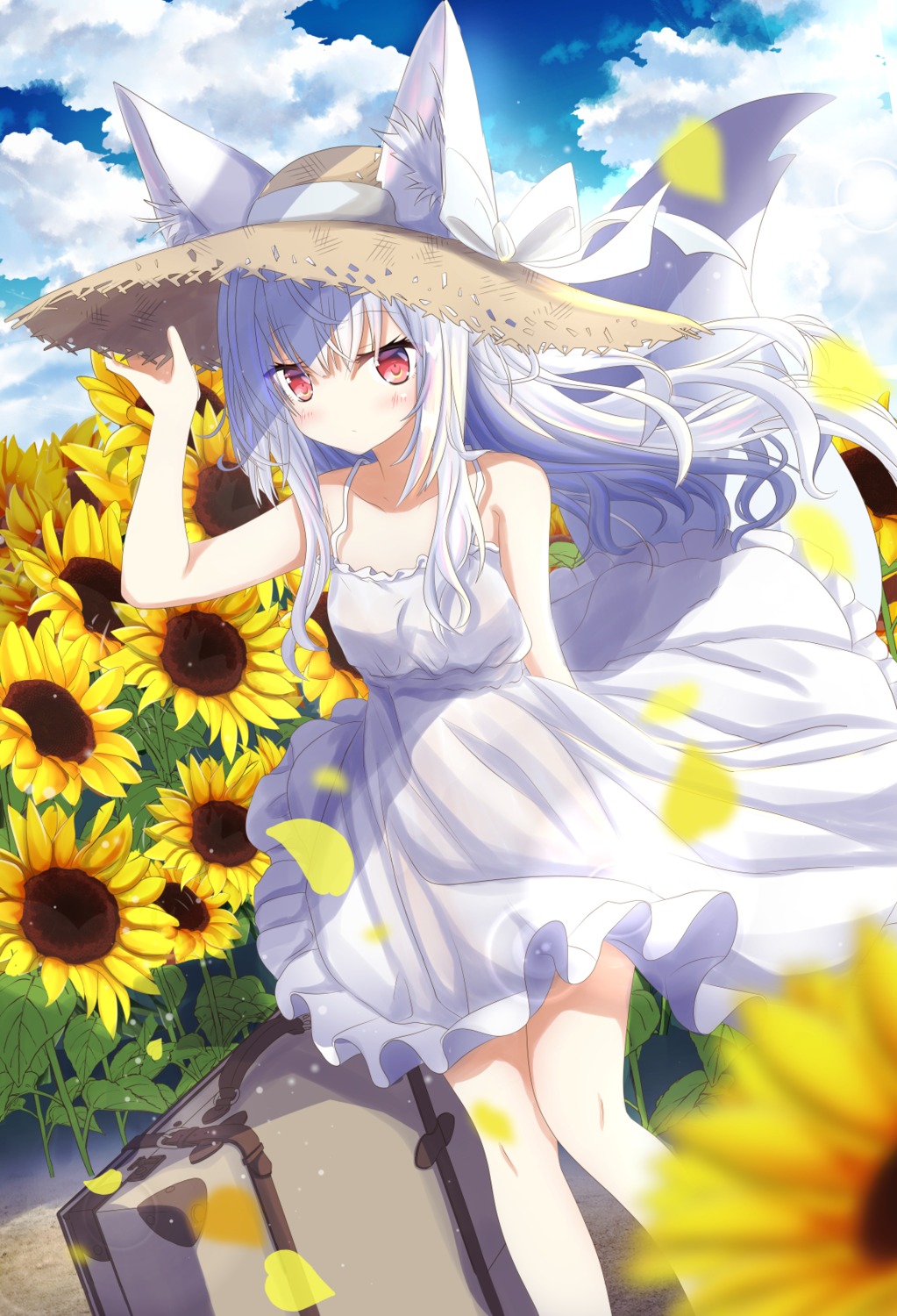 animal_ears aruka_(alka_p1) dress kitsune see_through skirt_lift summer_dress tail