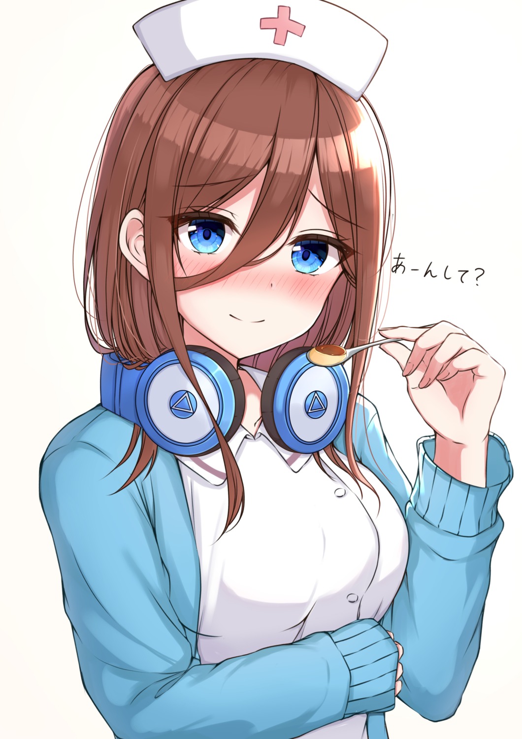 5-toubun_no_hanayome breast_hold headphones nakano_miku nurse sweater yukiunag1