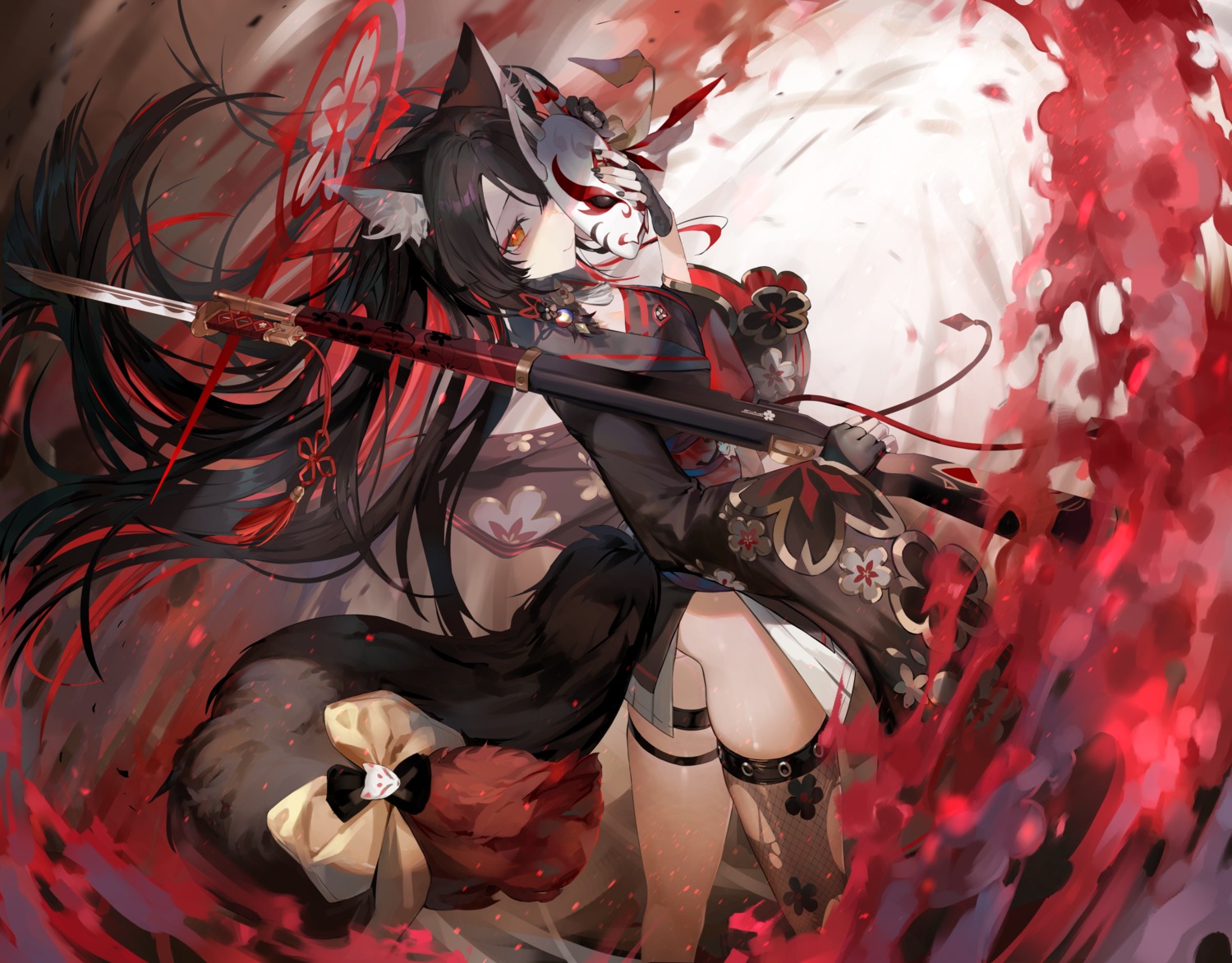 a0lp animal_ears blue_archive fishnets garter gun halo japanese_clothes kitsune kosaka_wakamo nopan seifuku tail thighhighs weapon