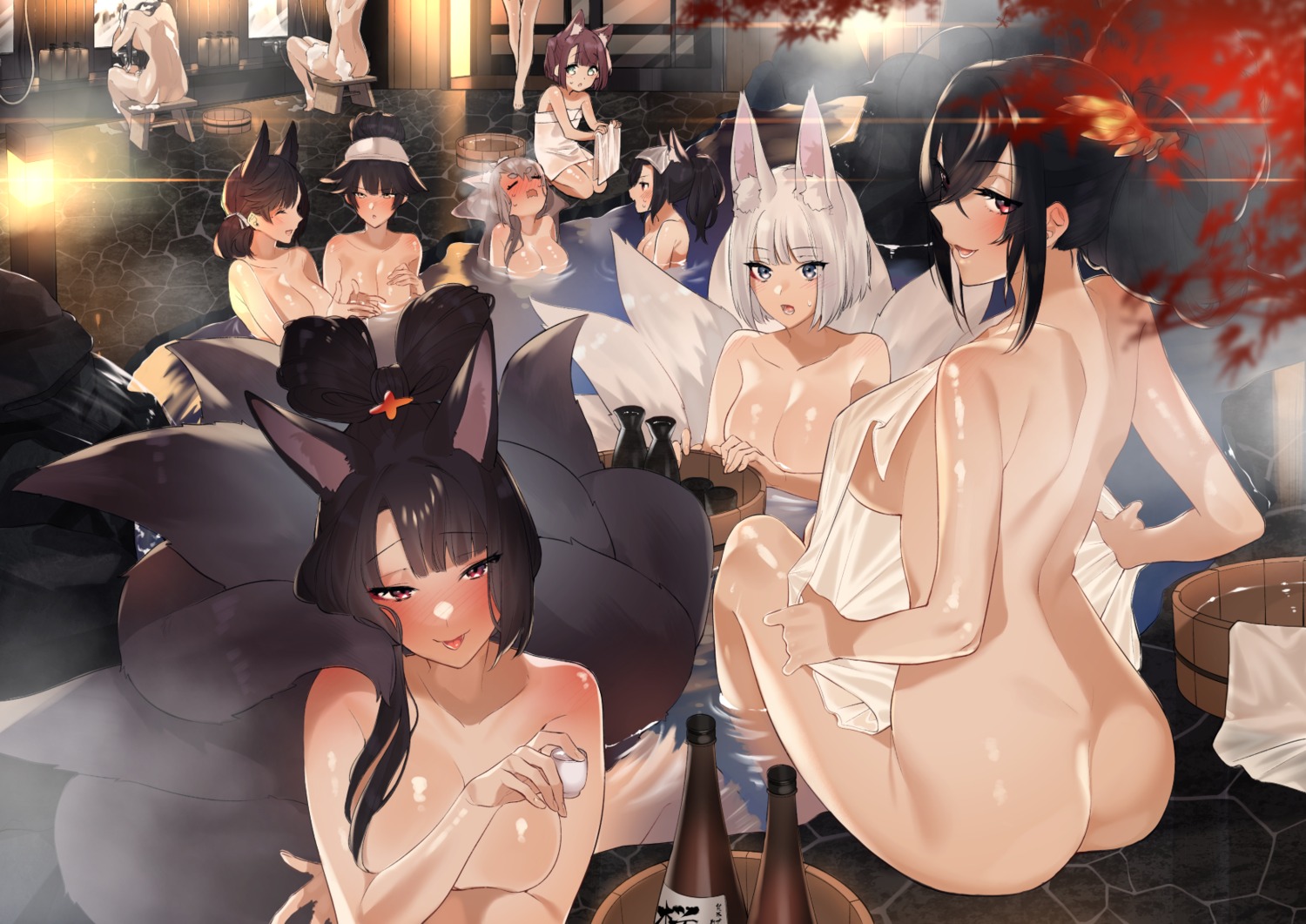 akagi_(azur_lane) animal_ears ass atago_(azur_lane) azur_lane bathing breast_hold kaga_(azur_lane) kitsune naked onsen sake sino42 taihou_(azur_lane) tail takao_(azur_lane) towel wet