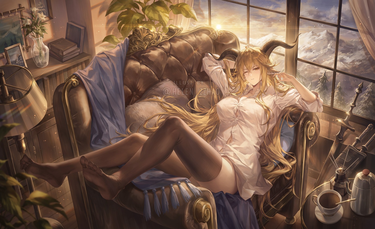 animal_ears arknights degenbrecher_(arknights) dress_shirt helen_zzhao horns sword thighhighs watermark