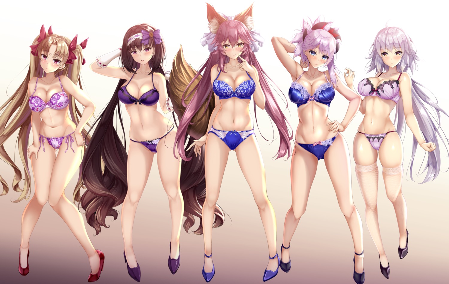 animal_ears bra ereshkigal_(fate/grand_order) fate/grand_order fishnets fukuda_shuushi heels jeanne_d'arc jeanne_d'arc_(alter)_(fate) kitsune lingerie miyamoto_musashi_(fate/grand_order) osakabe-hime_(fate/grand_order) pantsu string_panties tail tamamo_no_mae thighhighs