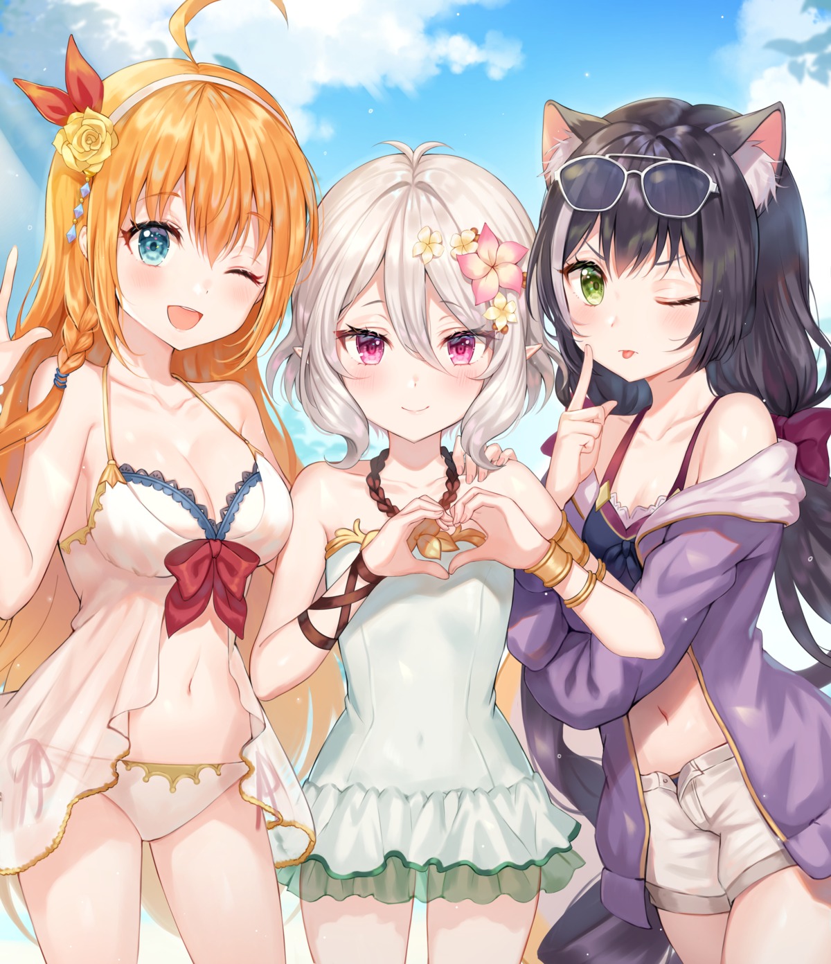 animal_ears cleavage karyl_(princess_connect) kokkoro megane open_shirt pecorine princess_connect princess_connect!_re:dive see_through swimsuits tail tokkyu