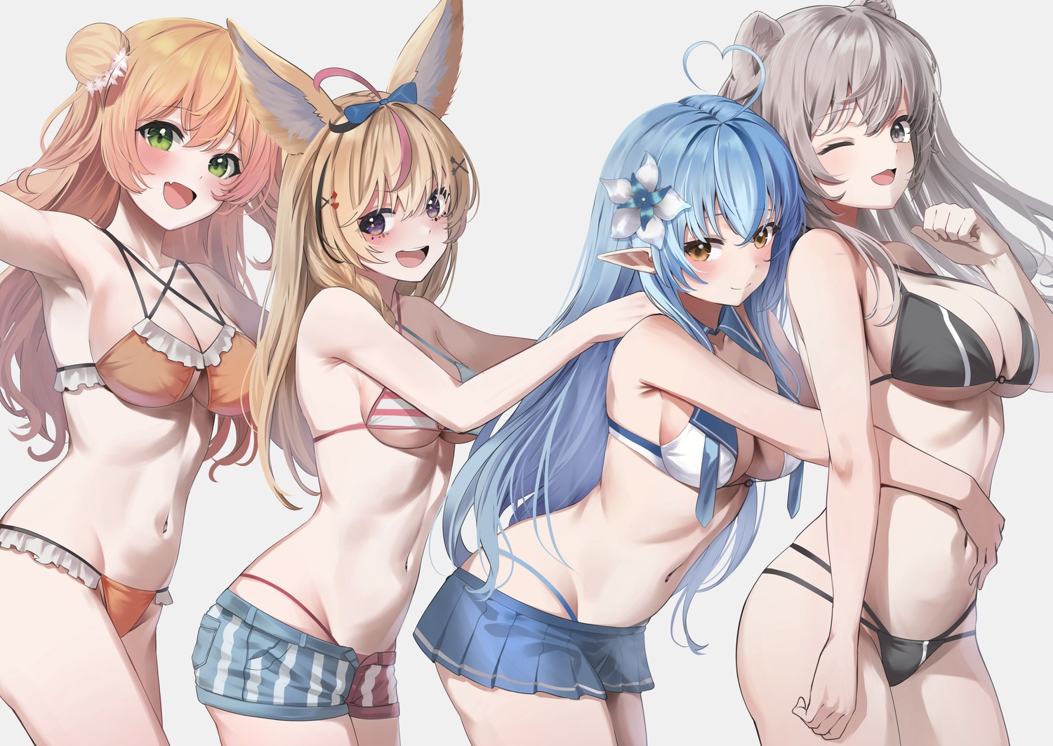 animal_ears bikini elf hololive koisuke momosuzu_nene omaru_polka pointy_ears shishiro_botan swimsuits yukihana_lamy