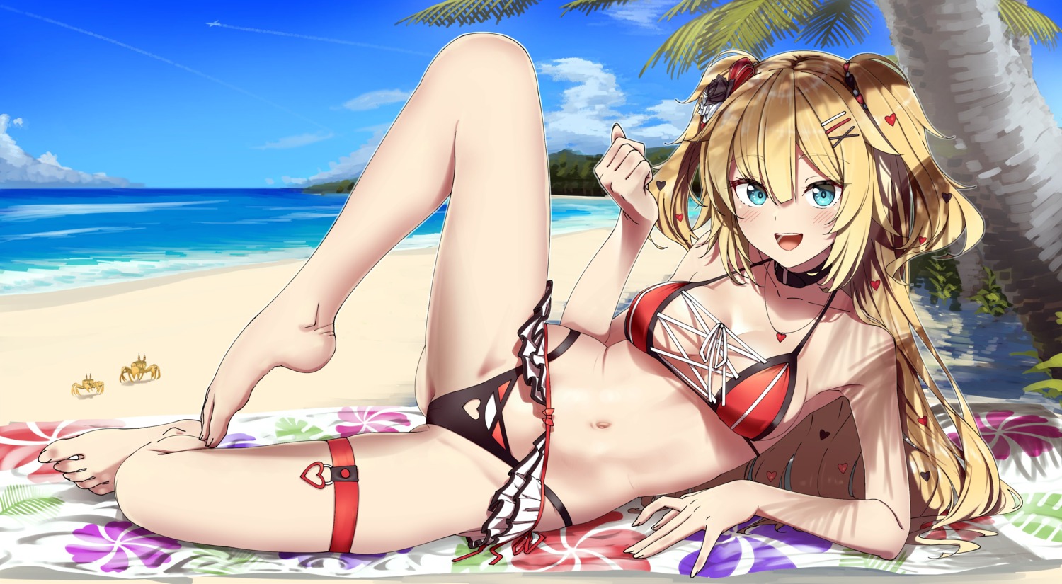 akai_haato bikini cream feet garter hololive shinomu_(cinomoon) skirt_lift swimsuits