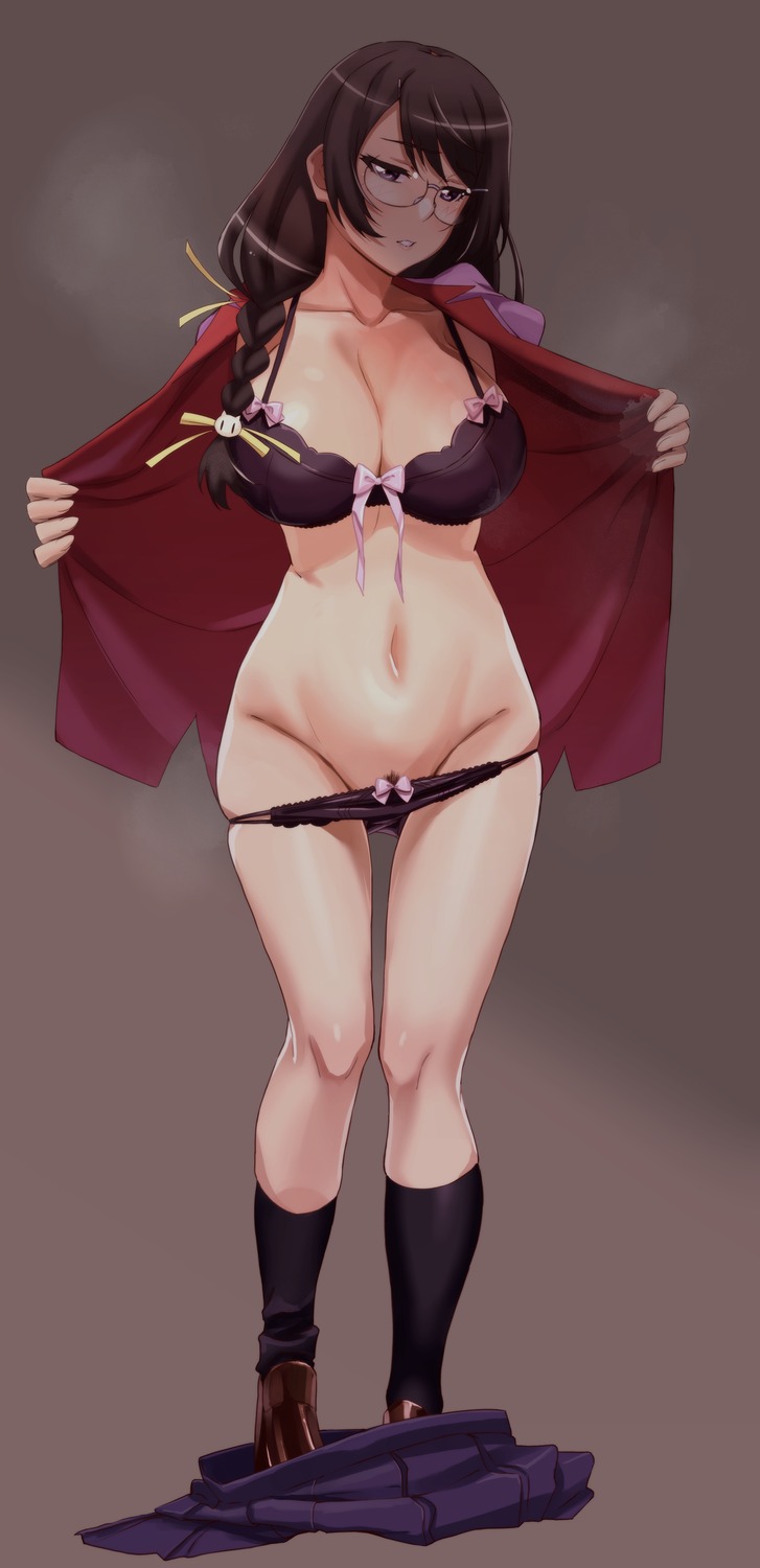 bakemonogatari bra hanekawa_tsubasa megane monogatari_(series) open_shirt pantsu panty_pull pubic_hair qumata seifuku undressing