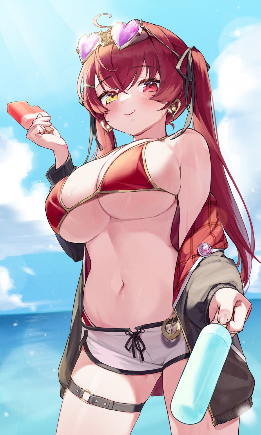 bikini garter heterochromia hololive houshou_marine kokko_(kokko3045) megane open_shirt swimsuits