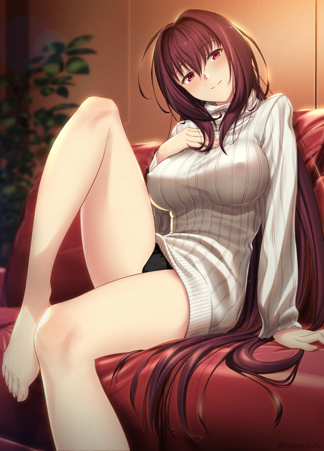 breast_hold erect_nipples fate/grand_order futami_(mg42fw190d) pantsu scathach_(fate/grand_order) sweater