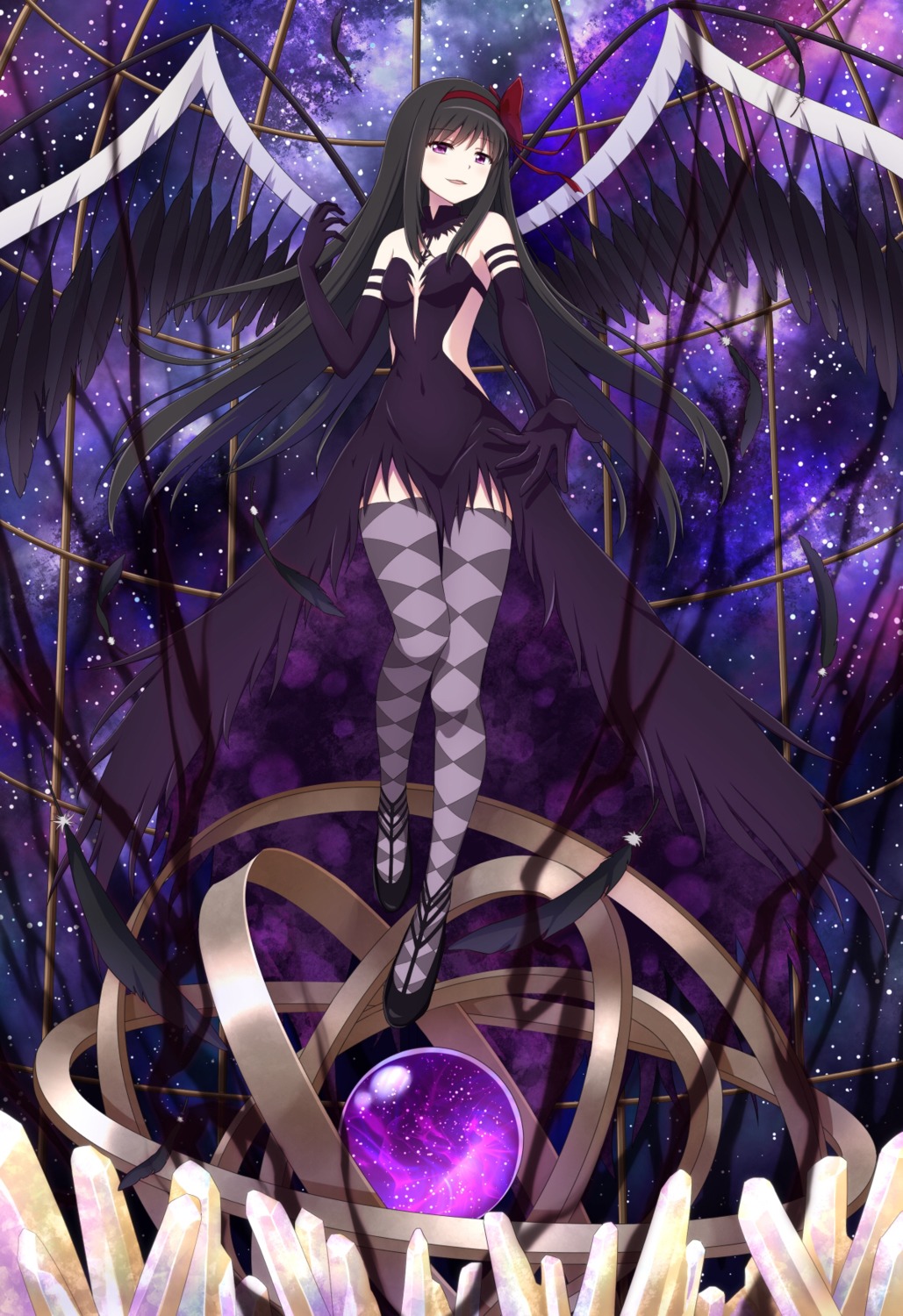 akemi_homura darknessukaru dress no_bra puella_magi_madoka_magica thighhighs wings