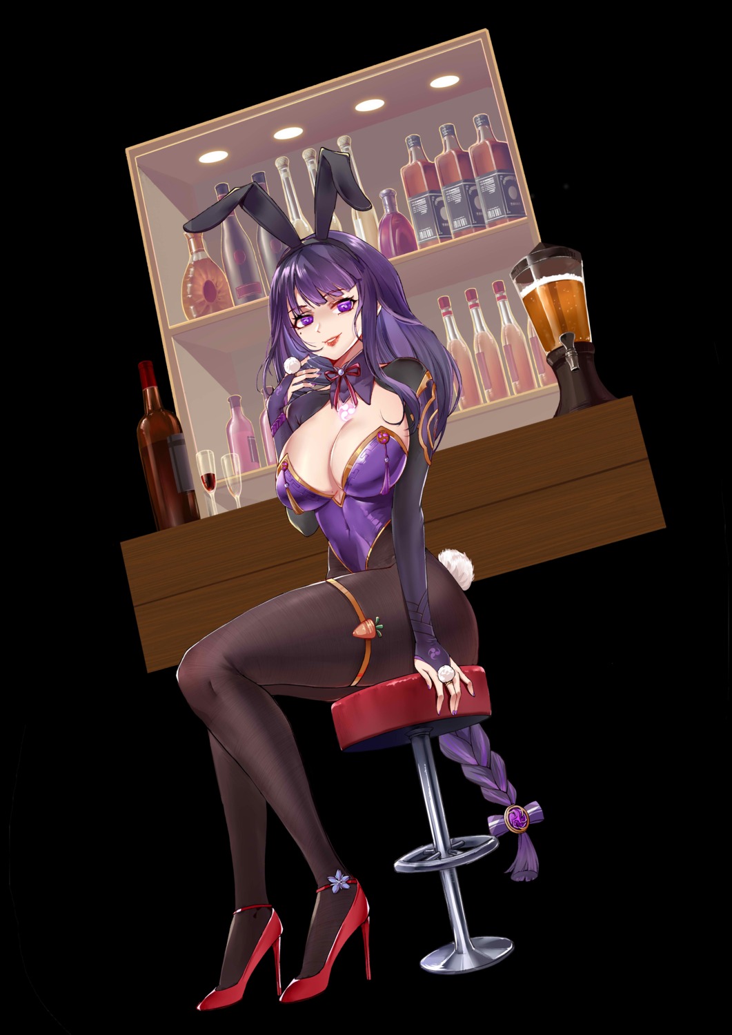 animal_ears bunny_ears bunny_girl cleavage garter genshin_impact heels no_bra pantyhose raiden_shogun tail tattoo