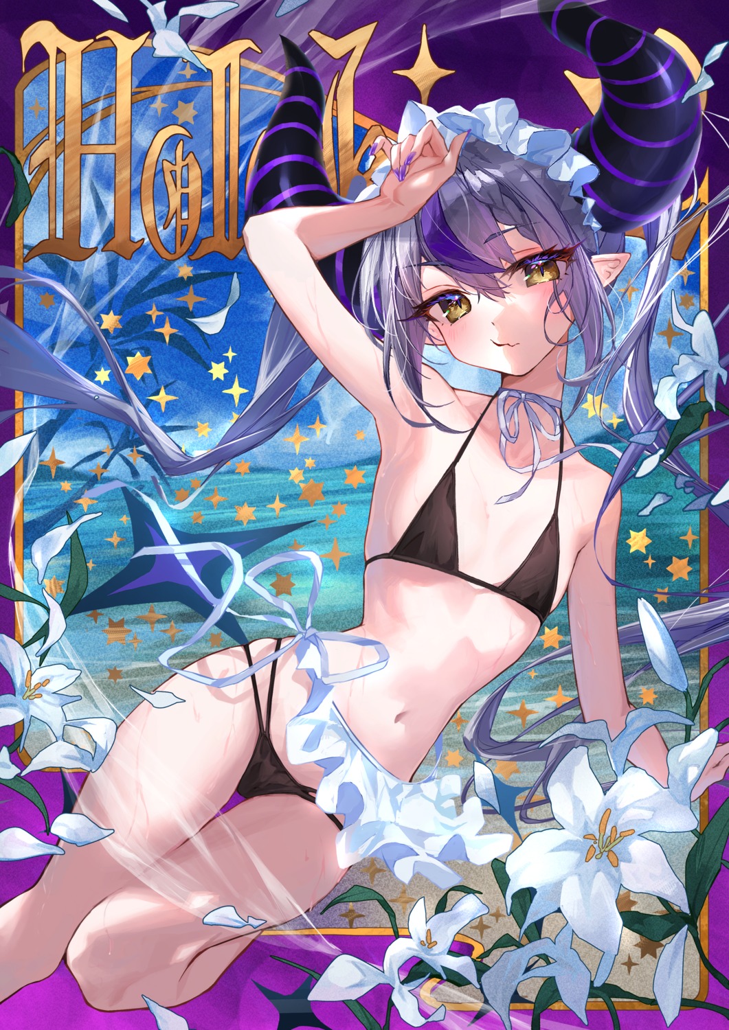 bikini hololive horns la+_darknesss misekiss pointy_ears swimsuits tail wet