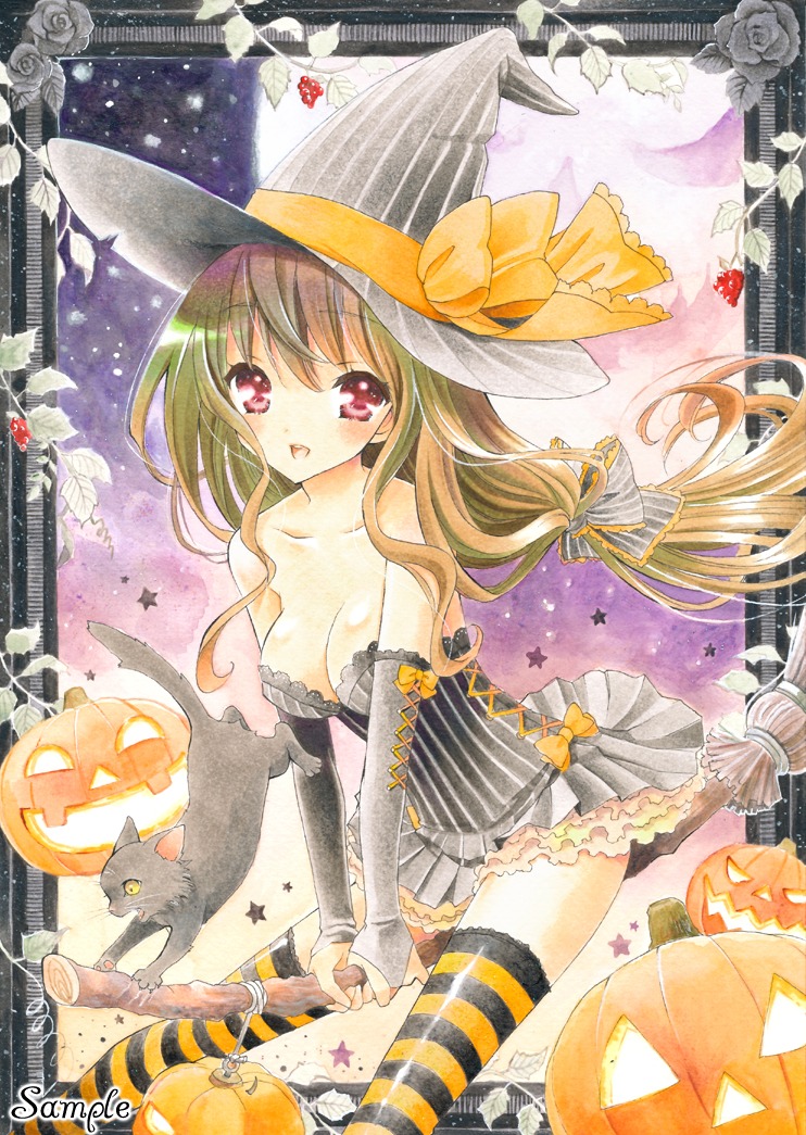 ayuayu_(pixiv808221) cleavage halloween neko thighhighs witch