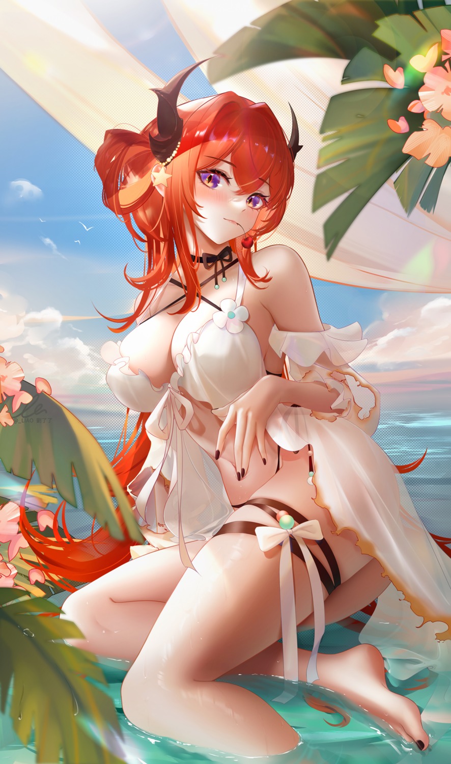 arknights ass bikini feet garter horns liu_liaoliao official_watermark see_through surtr_(arknights) swimsuits wet wet_clothes