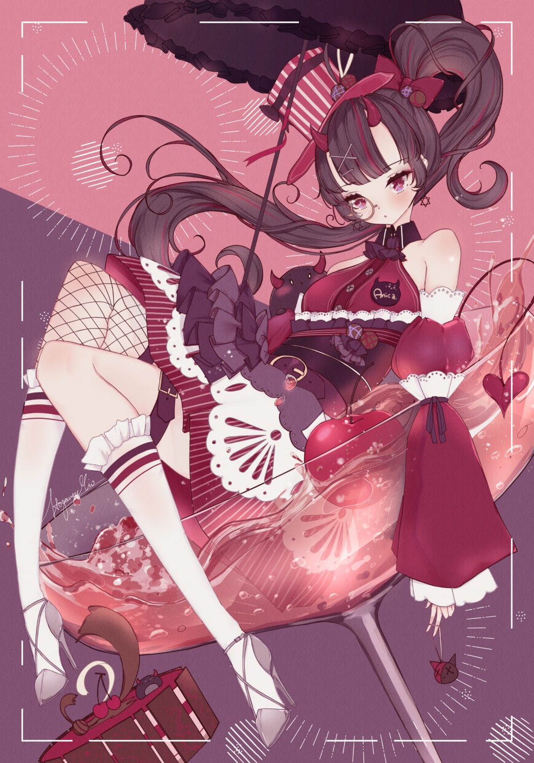 fishnets garter gothic_lolita heels horns itogawamio lolita_fashion megane skirt_lift thighhighs umbrella wet