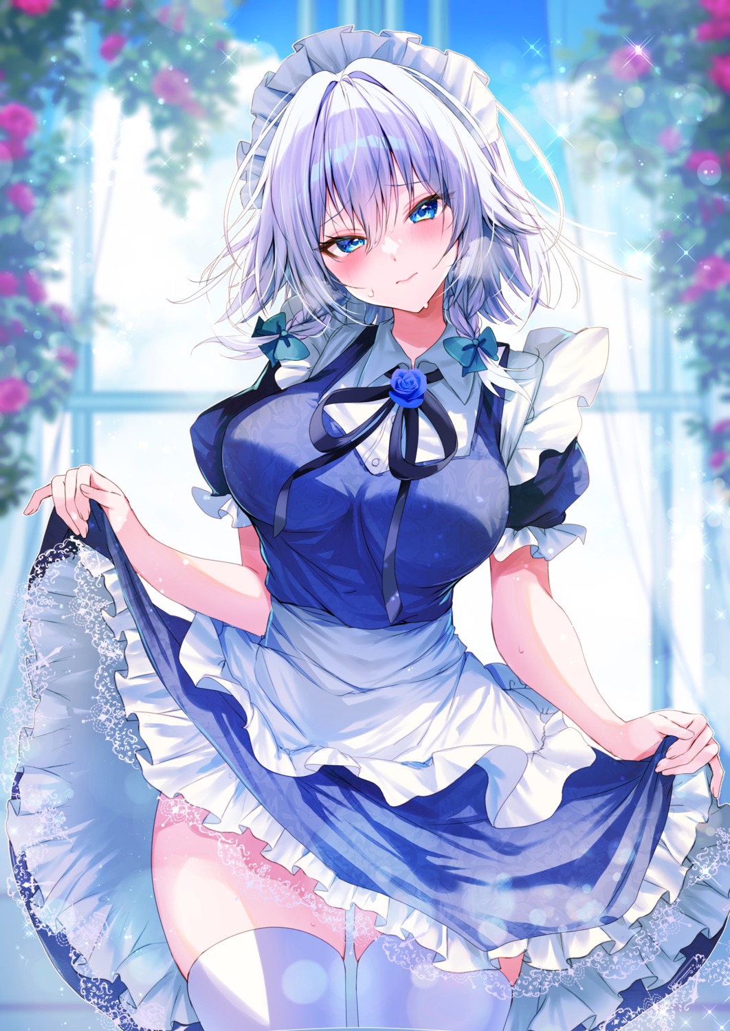 izayoi_sakuya maid nenobi_(nenorium) see_through skirt_lift thighhighs touhou