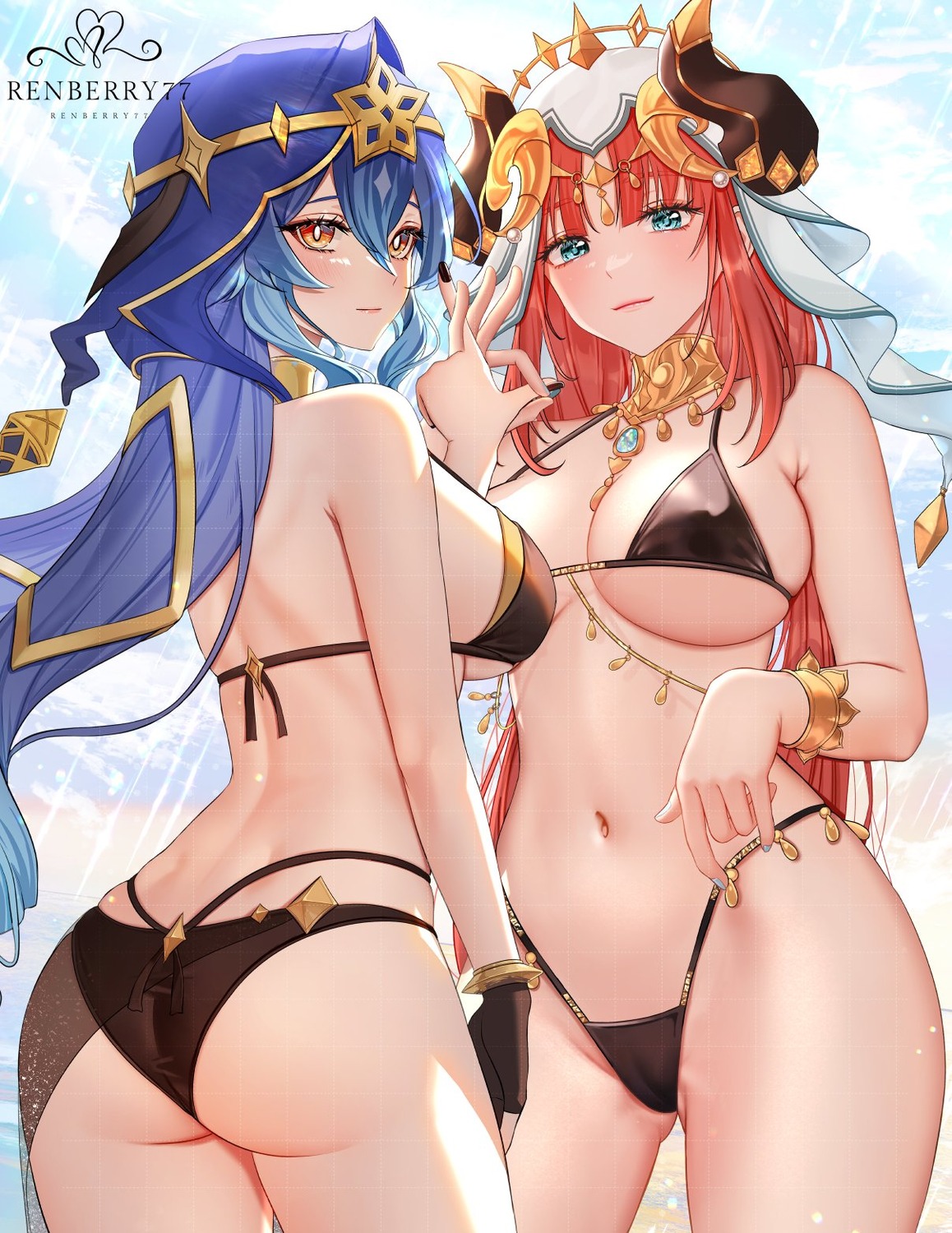 asian_clothes ass bikini cameltoe genshin_impact horns layla_(genshin_impact) nilou renberry see_through swimsuits thong