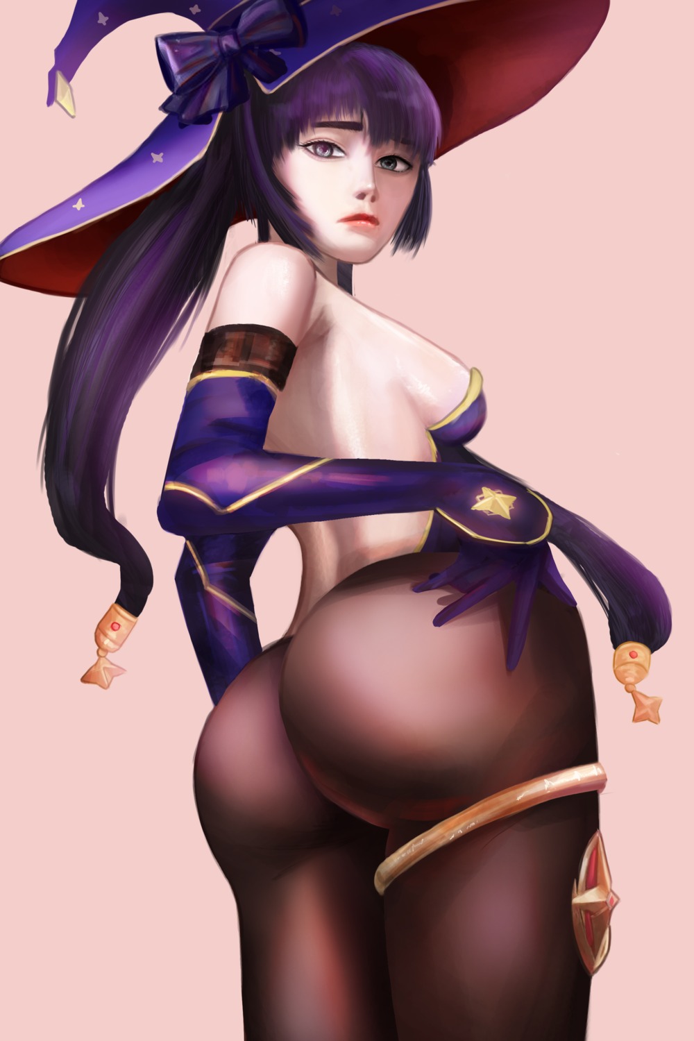 ass ass_grab garter genshin_impact leotard mona_megistus no_bra pantyhose tagme witch