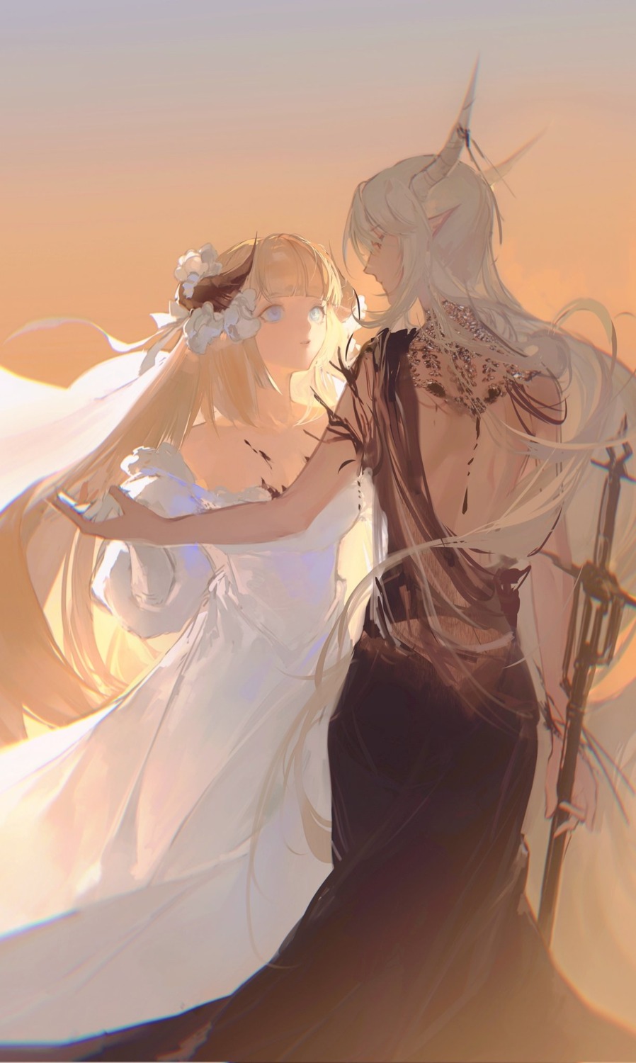 arknights dress horns nightingale_(arknights) no_bra pointy_ears shining_(arknights) sword torn_clothes wedding_dress xundaixun yuri