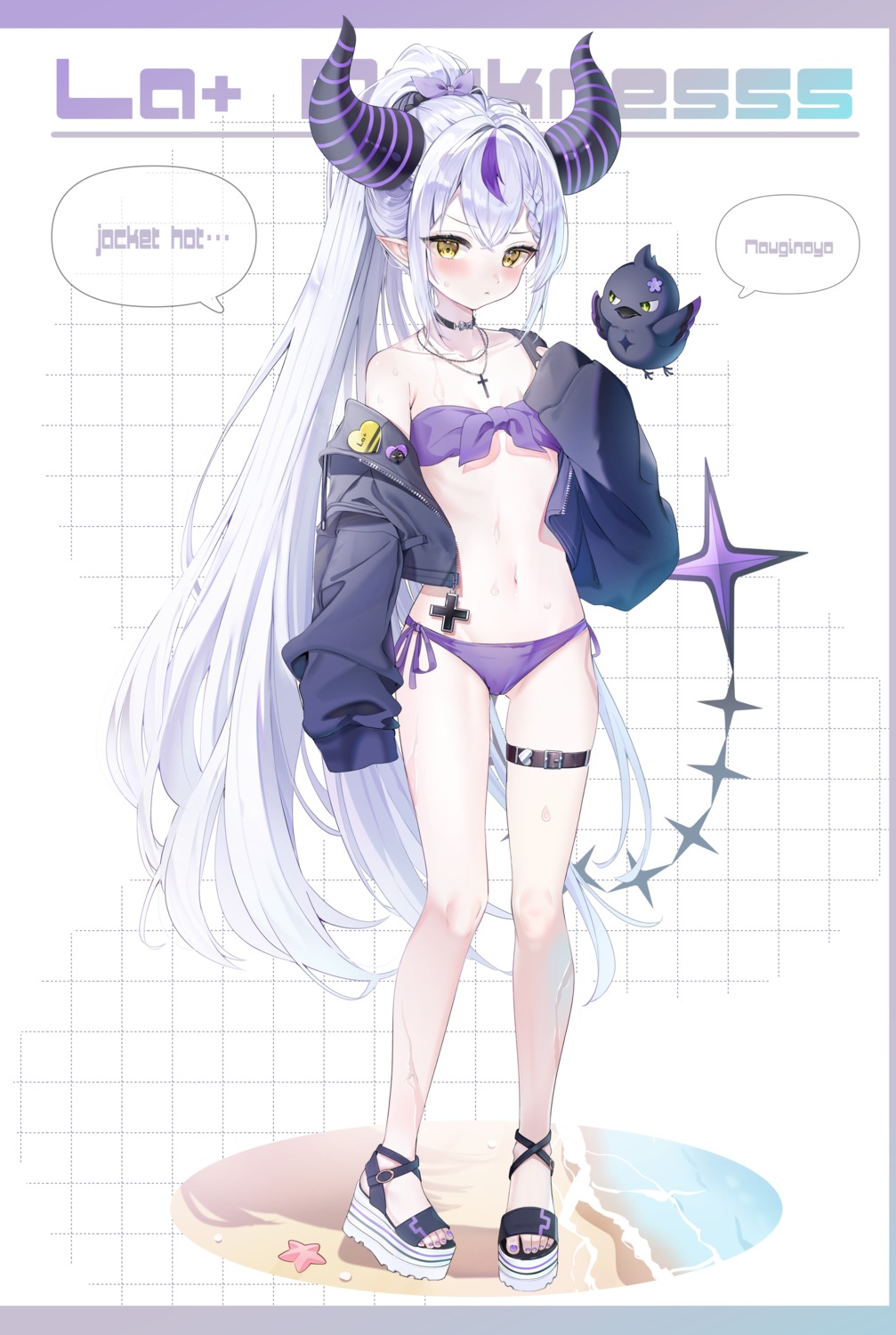 bikini cameltoe crow_(la+_darknesss) garter hololive horns la+_darknesss loli open_shirt piyokuma pointy_ears swimsuits tail wet