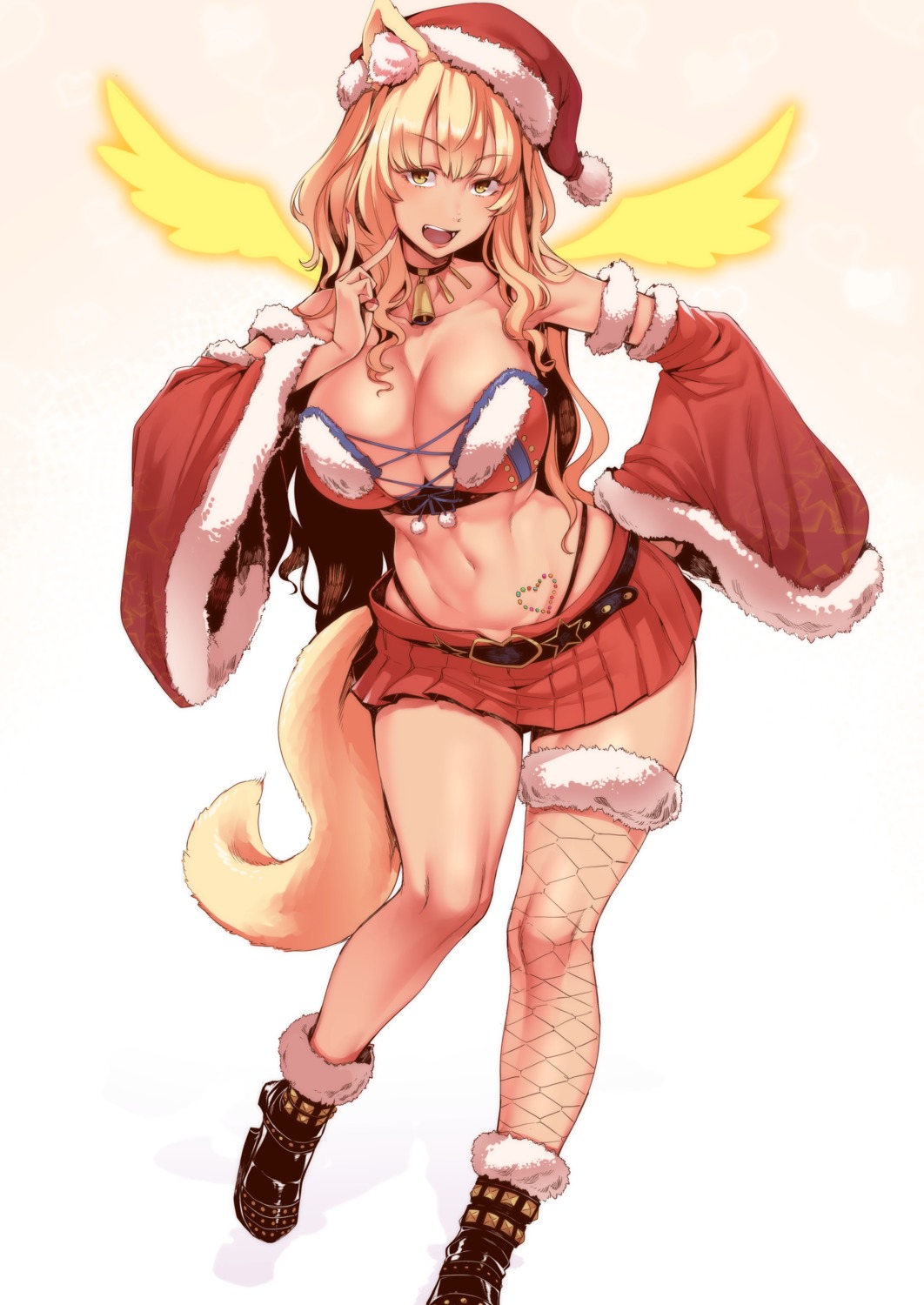 animal_ears bra christmas fate/grand_order fishnets nakamura_regura pantsu suzuka_gozen_(fate/grand_order) tail tattoo thighhighs wings